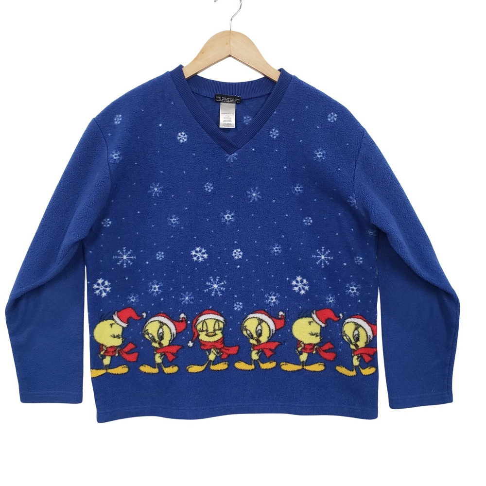 Vintage Y2K Classic Looney Tunes Tweety Bird Christmas Fleece Sweater‎ V Neck